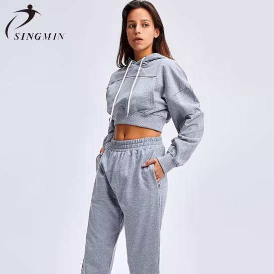 Women Casual 100%Cotton Crop Top Sweater Loose Trousers Suit Thickened Two Piece Pants Set